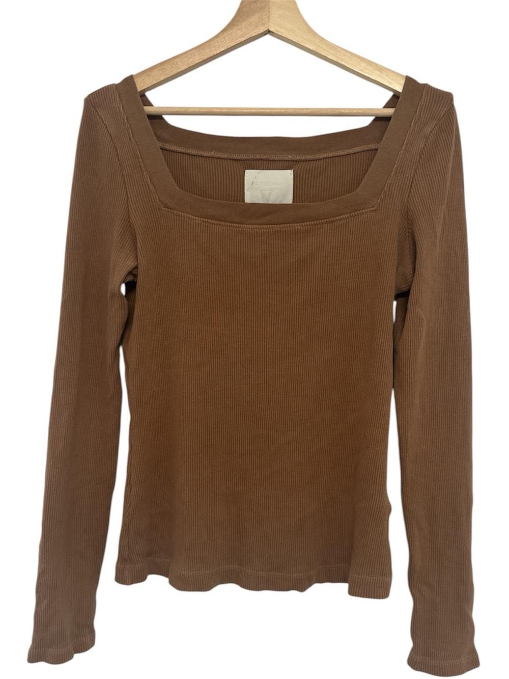 Citizens of Humanity Ribbed Long Sleeve Top Large Brown Square Neck 90s Y2K